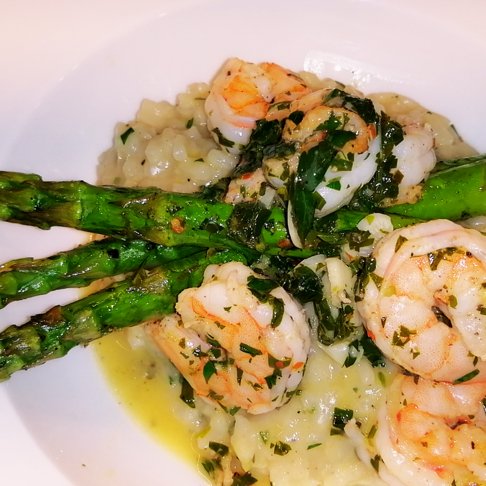 Chef Jess' Parmesan Risotto with Garlic Butter Shrimp and Roasted Asparagus