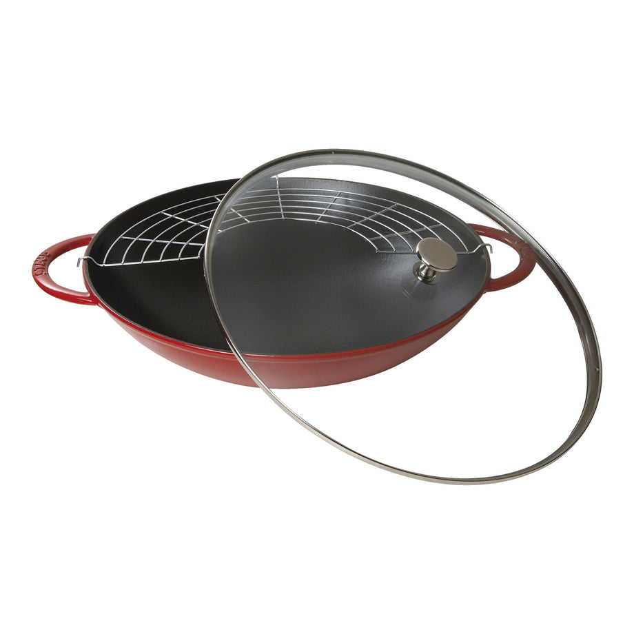 STAUB Specialities 37 cm / 14.5 inch Cast Iron Wok With Glass Lid, Cherry