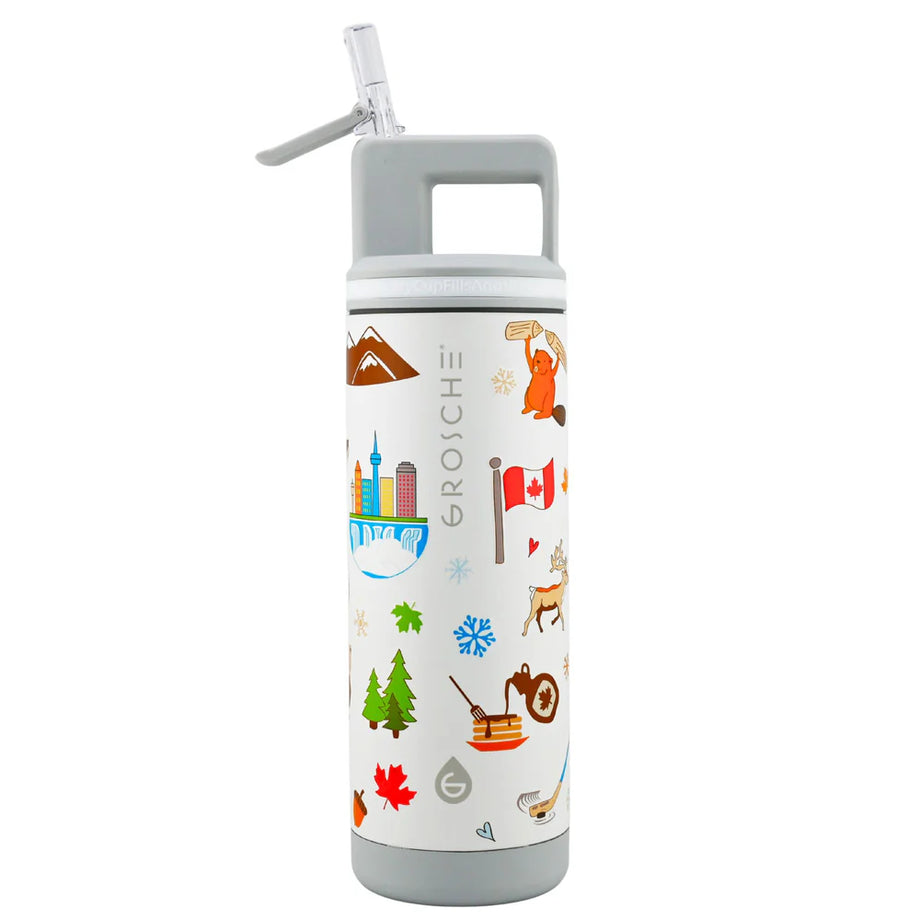 Grosche ALPINE Canadian Collection Flip 'N Sip Insulated Water Bottle with Straw, 20oz - Canadiana