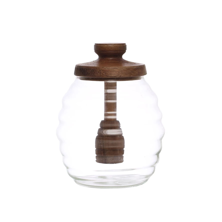 Creative Co-Op Glass Honey Jar with Acacia Wood Lid & Honey Dipper