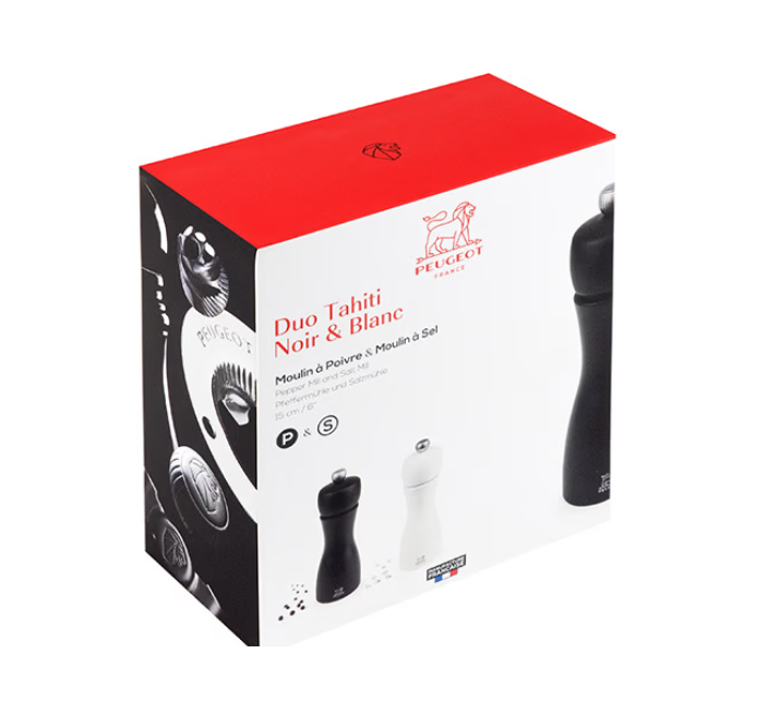 Peugeot Tahiti Gift Set of Manual Salt and Pepper Mill - Beech wood Black and White / 15 cm