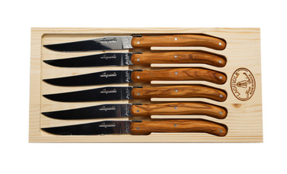 Laguiole Jean Dubost Steak Knives with Rustic Range Olive Wood Handles in a Box - Set of 6
