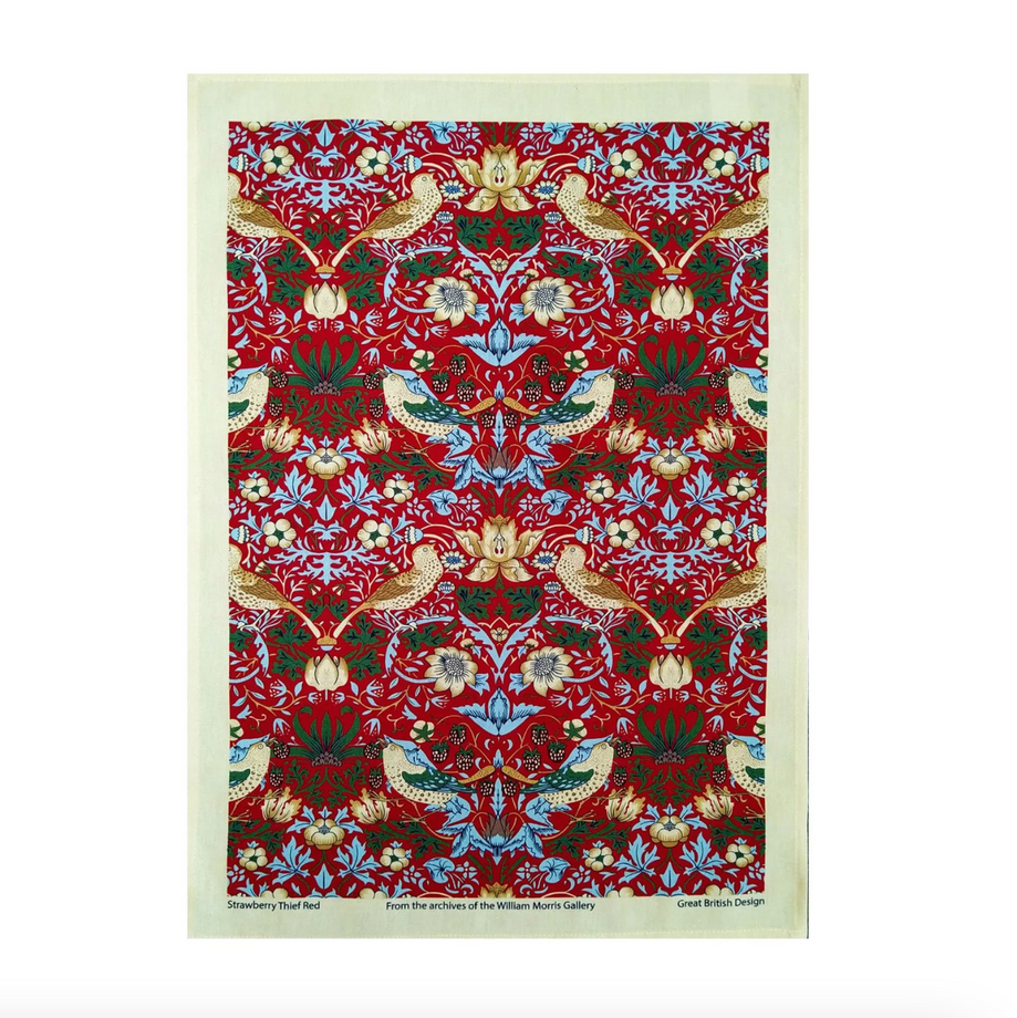 William Morris Cotton Tea Towel - Strawberry Thief / Red