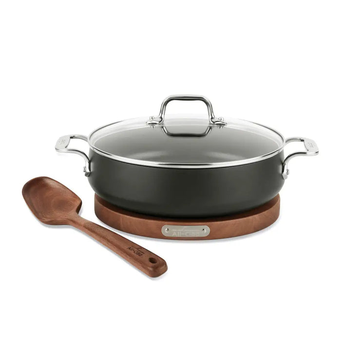 All-Clad 4 Qt. Nonstick Sauteuse with Acacia Wood Trivet and Serving Spoon
