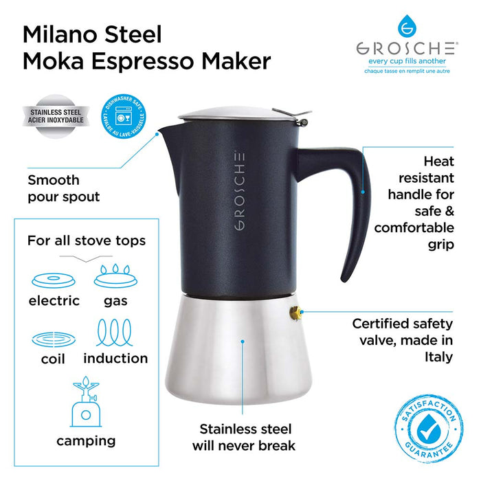 Grosche Milano Steel Espresso Maker - Charcoal / 6-Cup / 9.3 fl. oz